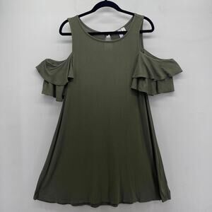 Alya Cold Shoulder Ruffle A-Line Swing‎ Dress Womens Medium Olive Green Flowy